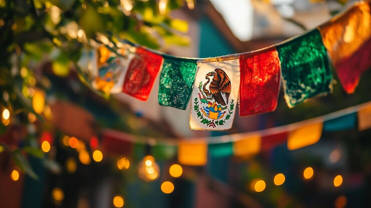 Foto decorações coloridas celebrando o dia da independência do méxico em um cenário festivo ao ar livre