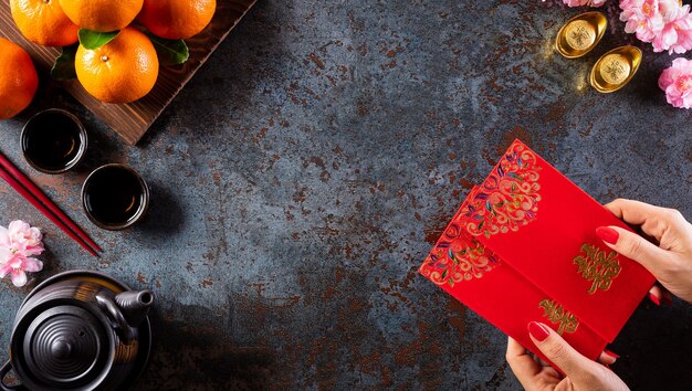 Decorações de ano novo chinês, pacote pow ou vermelho, lingotes de laranja e ouro