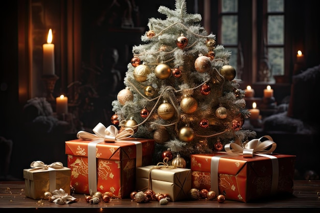 Decorações de árvores de Natal com luzes e presentes para crianças