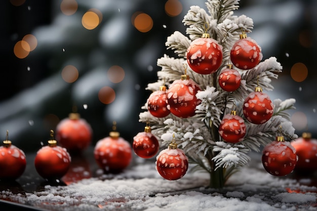 Decorações de árvores de Natal com neve na rua fotografia com efeito bokeh