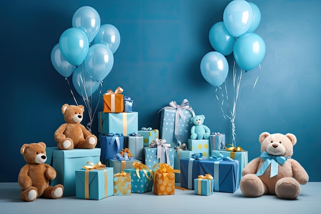 Decorações de festa de bebê em presentes de parede azul, brinquedos, balões, guirlanda e figura