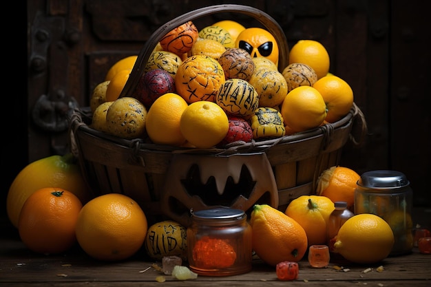 Decorações de Halloween e balde de doces ou travessuras de abóboras gerados por IA