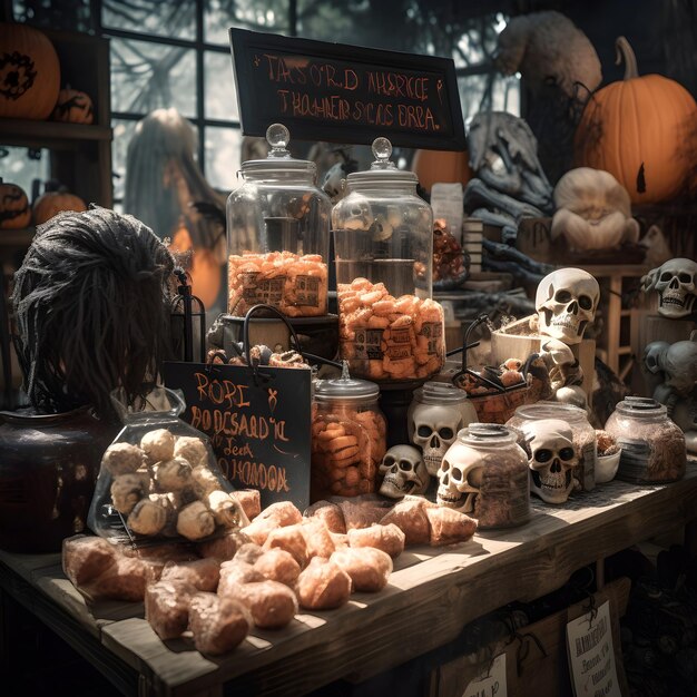 Decorações de Halloween e doces expostos em uma vitrine à noite