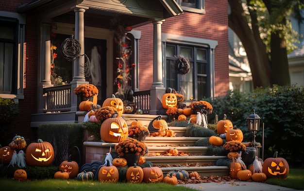 Decorações de Halloween fora de uma casa moderna