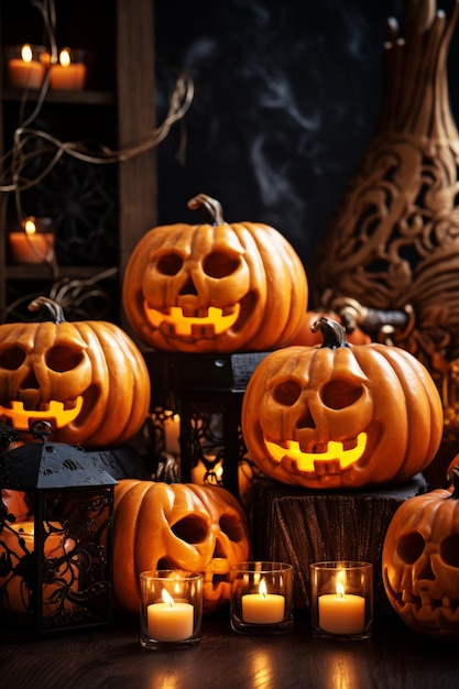 Decorações de Halloween ornamentos assustadores crânios velas e abóboras
