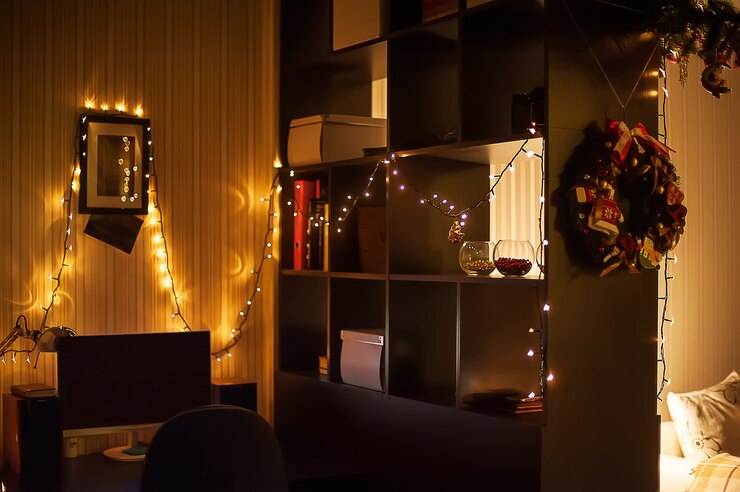 Decorações de interiores de Natal. Guirlandas na parede, grinalda e luzes de natal