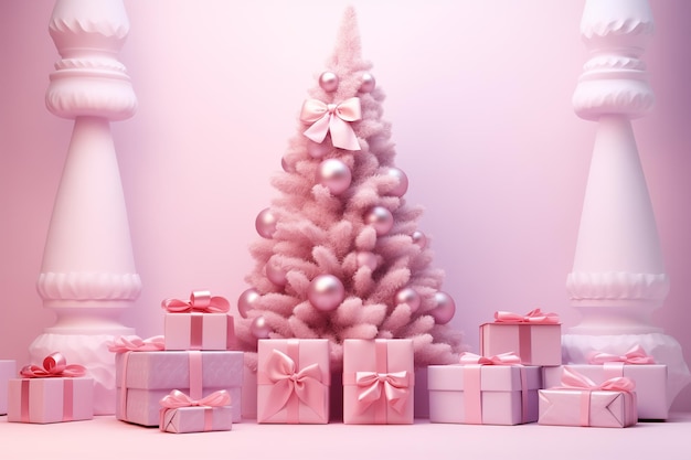 Decorações de inverno cor-de-rosa com presentes