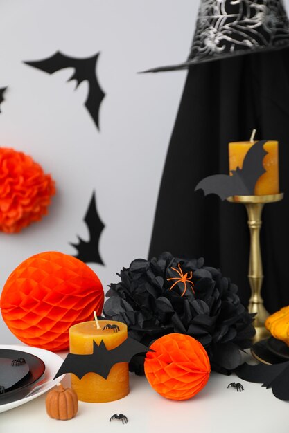 Decorações de mesa festivas assustadoras com morcegos e abóboras para o Halloween