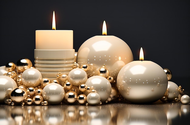 decorações de natal à luz de velas em um fundo cinza