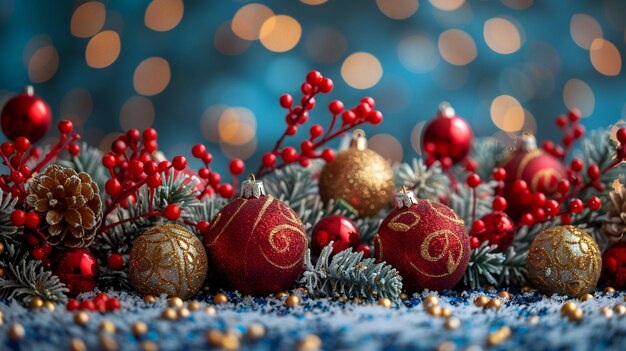 Decorações de Natal com Ornamentos Vermelhos na neve Fundo de Natal de Inverno