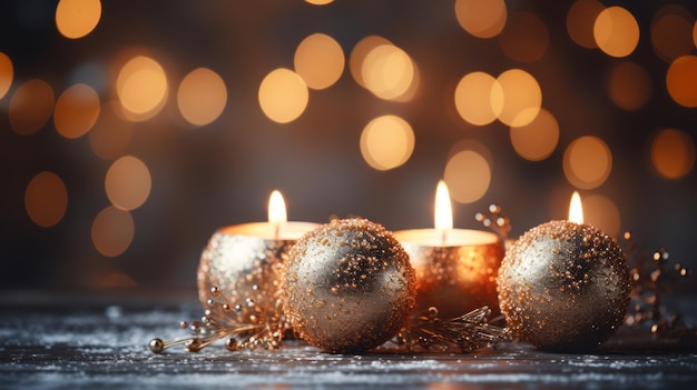 Decorações de Natal com velas em um fundo nevado