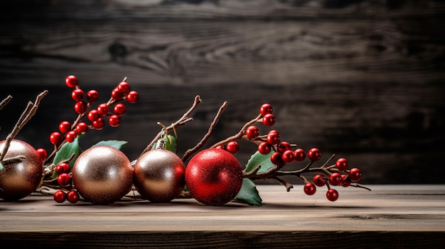 decorações de Natal com velas queimadas em mesa de madeira