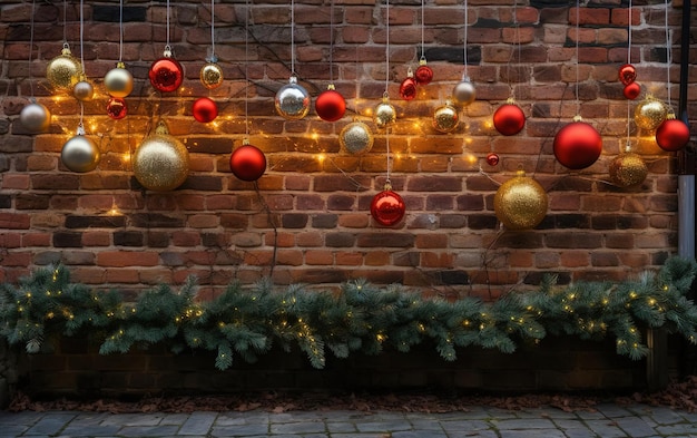 decorações de natal contra uma parede de tijolos