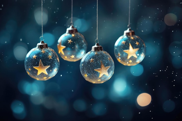 Decorações de Natal de vidro penduradas de um Natal à noite Bokeh fundo Estrelas noturnas luzes de Natal ilustração gerada por IA