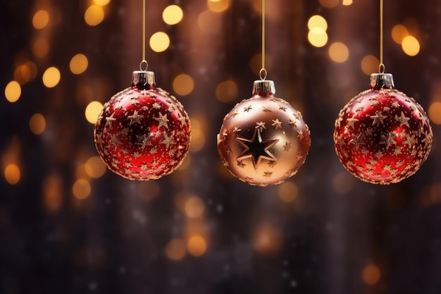 Decorações de natal de vidro penduradas em um natal à noite Bokeh fundo Estrelas noturnas luzes de natal ilustração gerada por IA