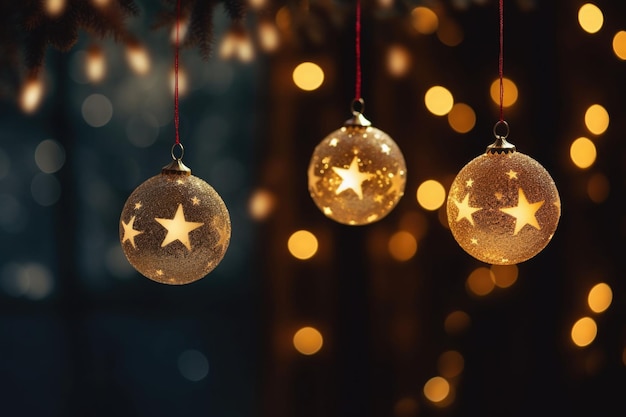 Decorações de natal de vidro penduradas em um natal à noite Bokeh fundo Estrelas noturnas luzes de natal ilustração gerada por IA