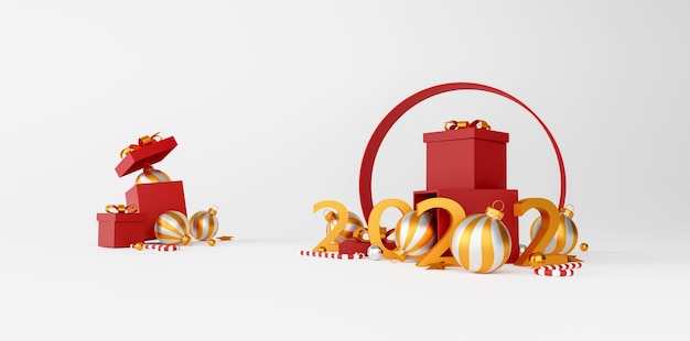 Decorações de Natal e feliz ano novo com uma caixa de presente vermelha, uma bola de prata dourada e uma estrela dourada sobre fundo branco. Ilustração 3D