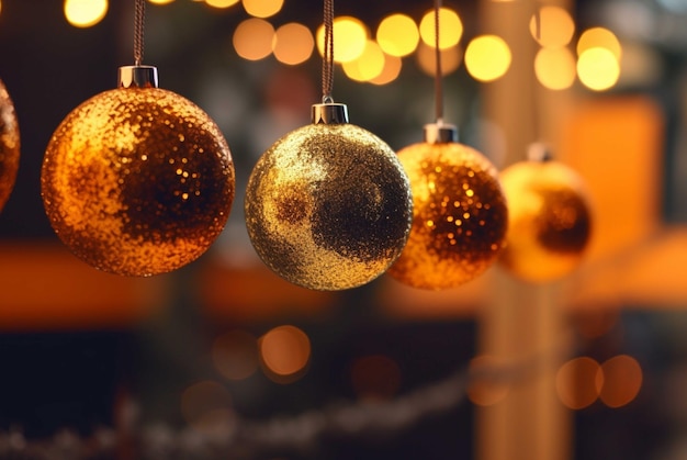 Foto decorações de natal em fundo desfocado com efeito bokeh e neve caindo