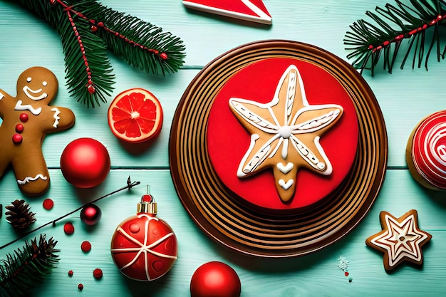 Decorações de Natal em uma mesa com um biscoito de estrela vermelha no topo