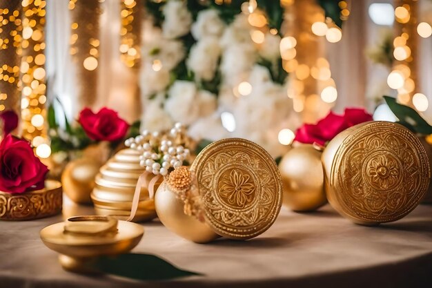 Decorações de Natal em uma mesa com uma árvore de Natal e uma guirlanda.