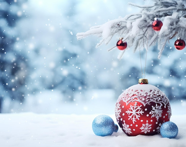 Decorações de Natal na neve com fundo de inverno azul e vermelho claro