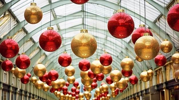 Decorações de Natal penduradas fotos de bolas vermelhas douradas Arte gerada por IA