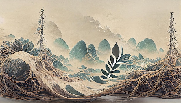 Decorações de ondas chinesas com textura de aquarela cinza em ilustração 3d estilo vintage