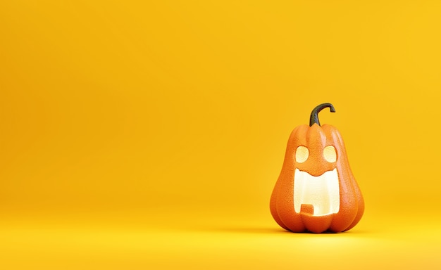 Decorações de personagens de abóbora de Halloween com cara de zangado em um fundo amarelo alaranjado