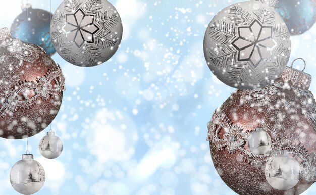 Decorações de vidro de Natal em um fundo nevado desfocado turquesa dez bolas de foco seletivo