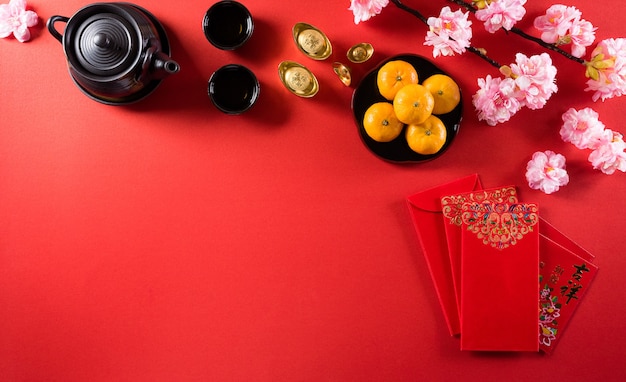 Decorações do festival de ano novo chinês pow ou pacote vermelho, lingotes de laranja e ouro ou pedaços de ouro