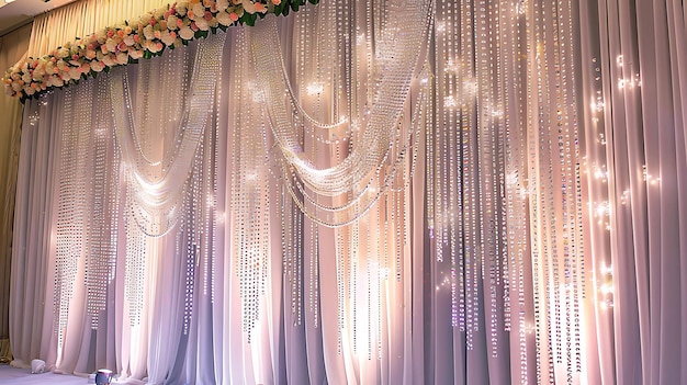 Decorações elegantes de recepção de casamento Com fundo com contas de cristal penduradas e arranjos florais