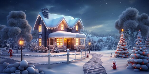 Decorações externas de Natal em uma casa na neve Generative Ai