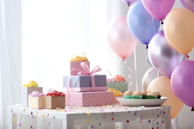 Decorações festivas de festa de aniversário na mesa com caixas de presente de bolo e balões em cor pastel