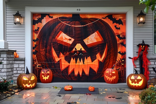 Decorações festivas de Halloween na varanda da casa suburbana com Jack o Lanterns Esqueleto assustador