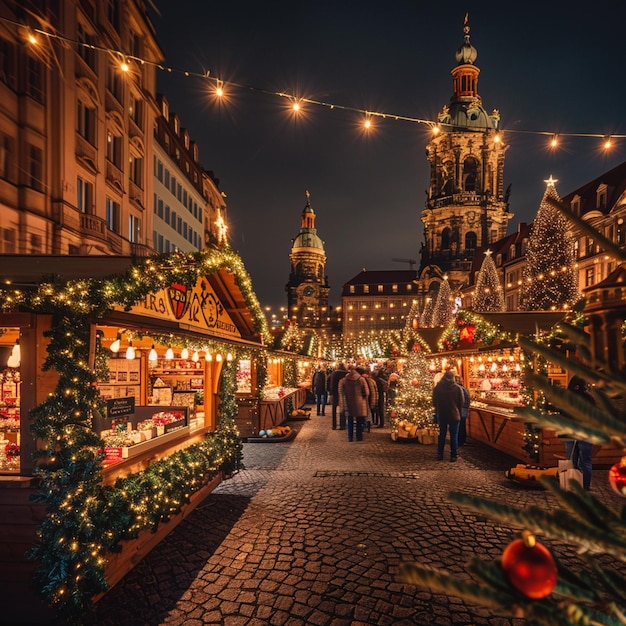 Decorações festivas noturnas no Mercado de Natal Europeu