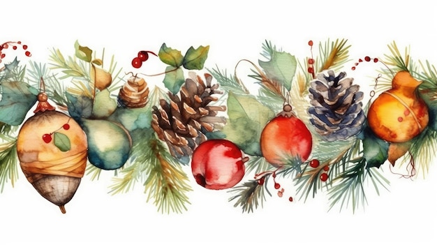 Decorações festivas para árvores de Natal com ilustrações em aquarela