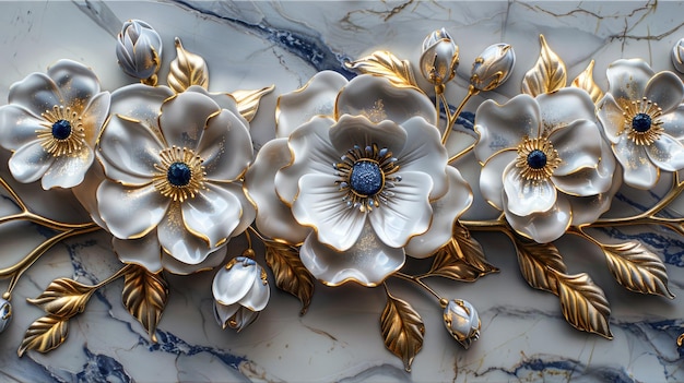 Decorações florais douradas em estilo barroco em fundo de mármore