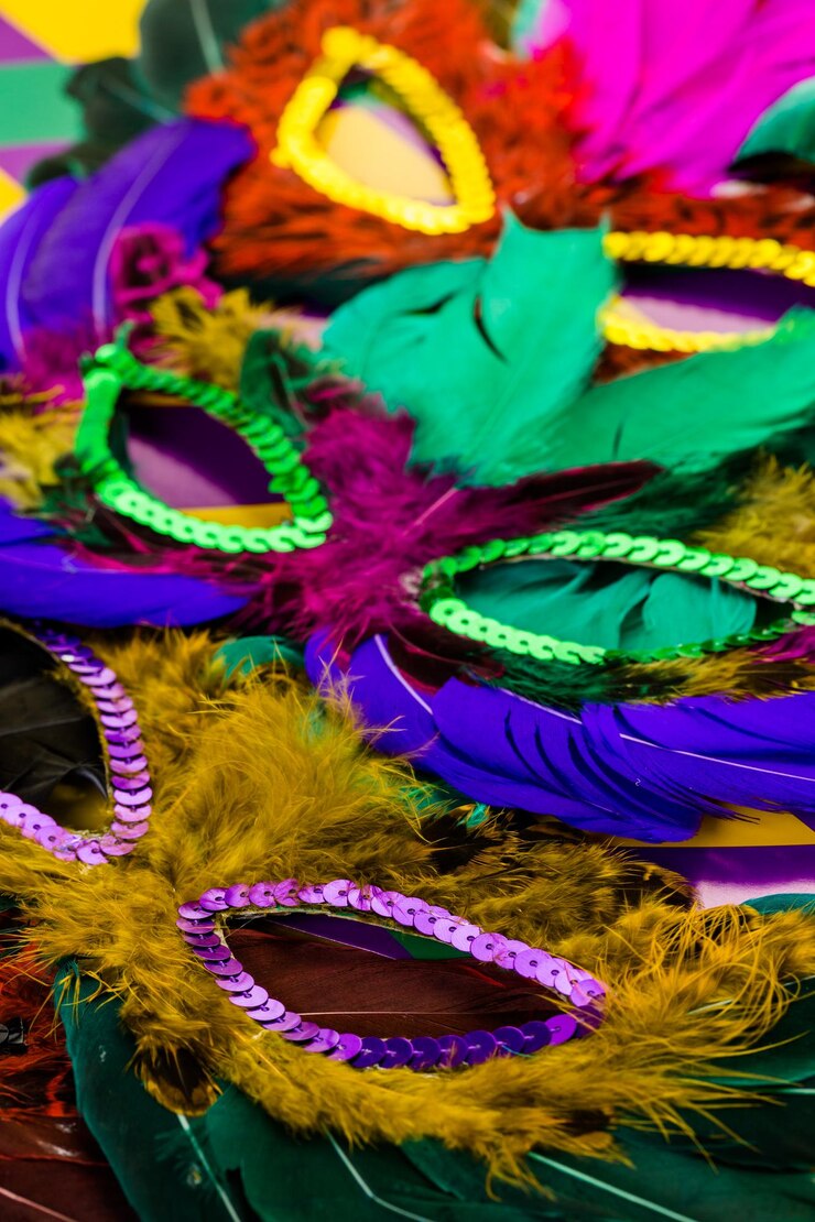 Foto decorações multicoloridas para festa de mardi gras em cima da mesa.