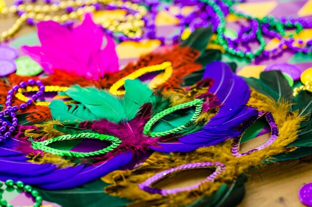 Decorações multicoloridas para festa de Mardi Gras em cima da mesa.