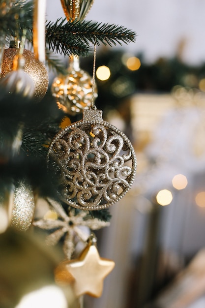 Decorações para árvores de Natal Fundo de férias de Feliz Natal e Ano Novo