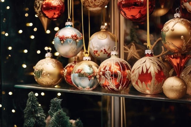Decorações para árvores de Natal penduradas em uma loja