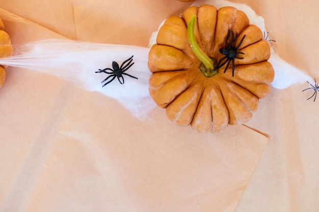 Decorações para casa de halloween com aranhas e abóboras