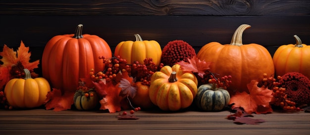 Decorações para o outono com bagas de abóboras e folhas Representa o Dia de Ação de Graças