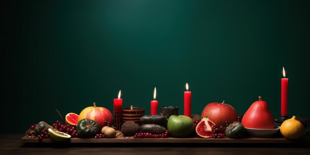 Decorações tradicionais de mesa Kwanzaa com frutas e velas vermelhas espaço de cópia de bandeira de alta qualidade
