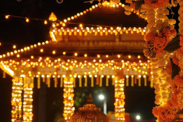 Decorações vibrantes de Ugadi iluminam um templo hindu