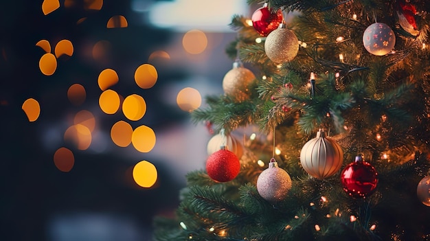 Decorado con adornos y luces árbol de navidad sobre fondo verde oscuro feliz navidad y