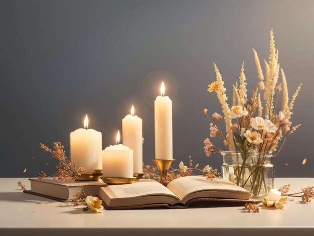 Un decorado antiguo con libros, velas y flores secas