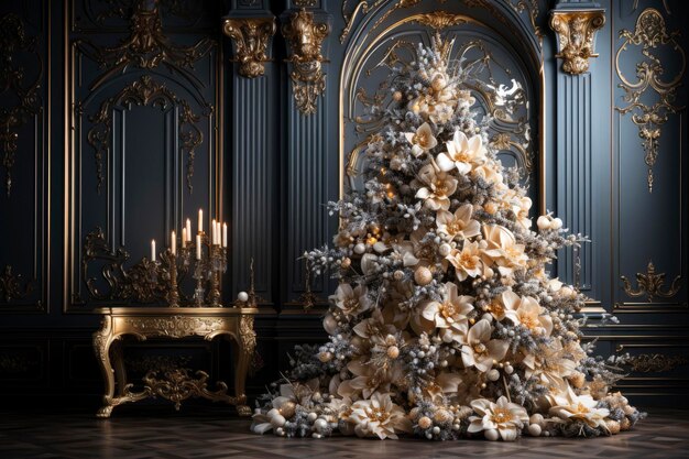 Decorado árbol de Navidad con bolas de oro en un lujoso interior tradición de año nuevo feliz Navidad