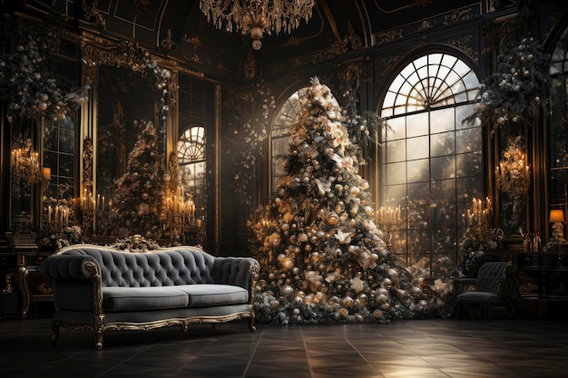 Decorado árbol de Navidad con bolas de oro en un lujoso interior tradición de año nuevo feliz Navidad