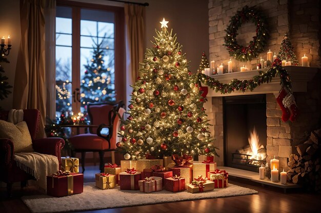 Decorado árbol de Navidad en frente de la chimenea con varias velas listo para